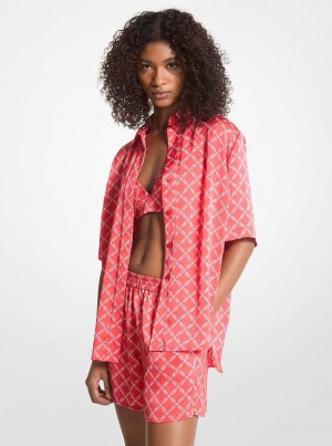 Michaelkors Empire Logo Print Satin Camp Shirt Coral | SN-MK26508