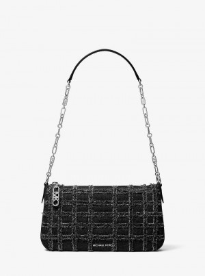 Michaelkors Empire Medium Frayed Denim Chain-Link Pretas | SN-MK27009