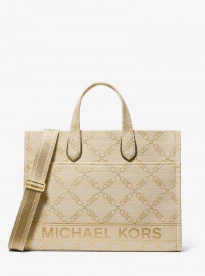 Michaelkors Gigi Large Empire Logo Jacquard Douradas Bege | SN-MK26800