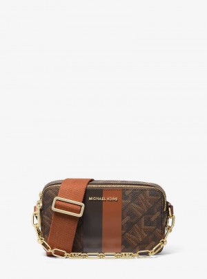 Michaelkors Jet Set Small Empire Signature Logo Stripe Double-Zip Marrom | SN-MK27120