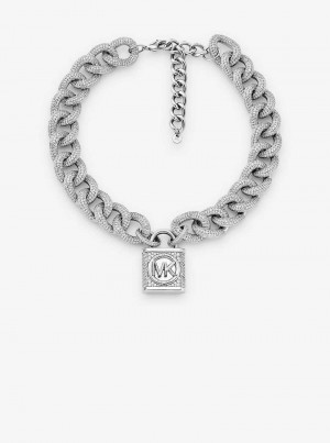Michaelkors Precious Metal-Plated Brass Pavé Lock Curb Link Prateadas | SN-MK27810