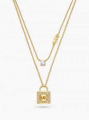 Michaelkors Precious Metal-Plated Sterling Silver Pavé Lock Layered Douradas | SN-MK27815