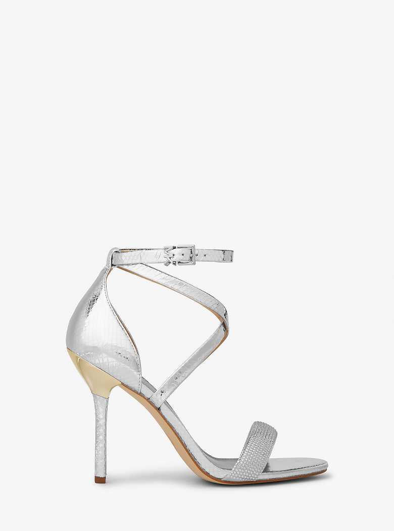 Michaelkors Astrid Embellished Metallic Snake Embossed Leather Prateadas | SN-MK27599