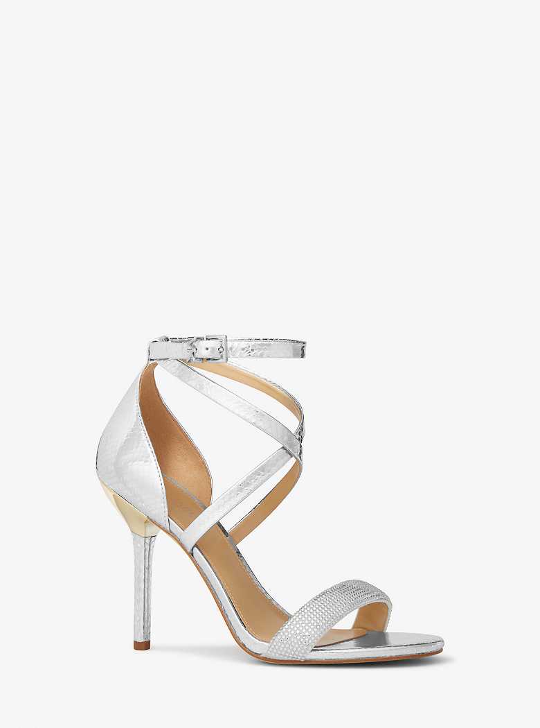 Michaelkors Astrid Embellished Metallic Snake Embossed Leather Prateadas | SN-MK27599