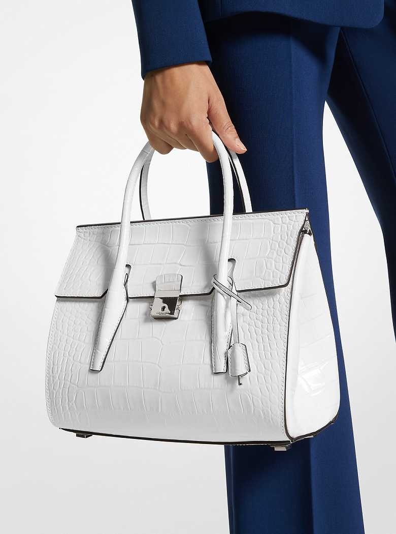 Michaelkors Campbell Medium Crocodile Embossed Leather Branco | SN-MK27370