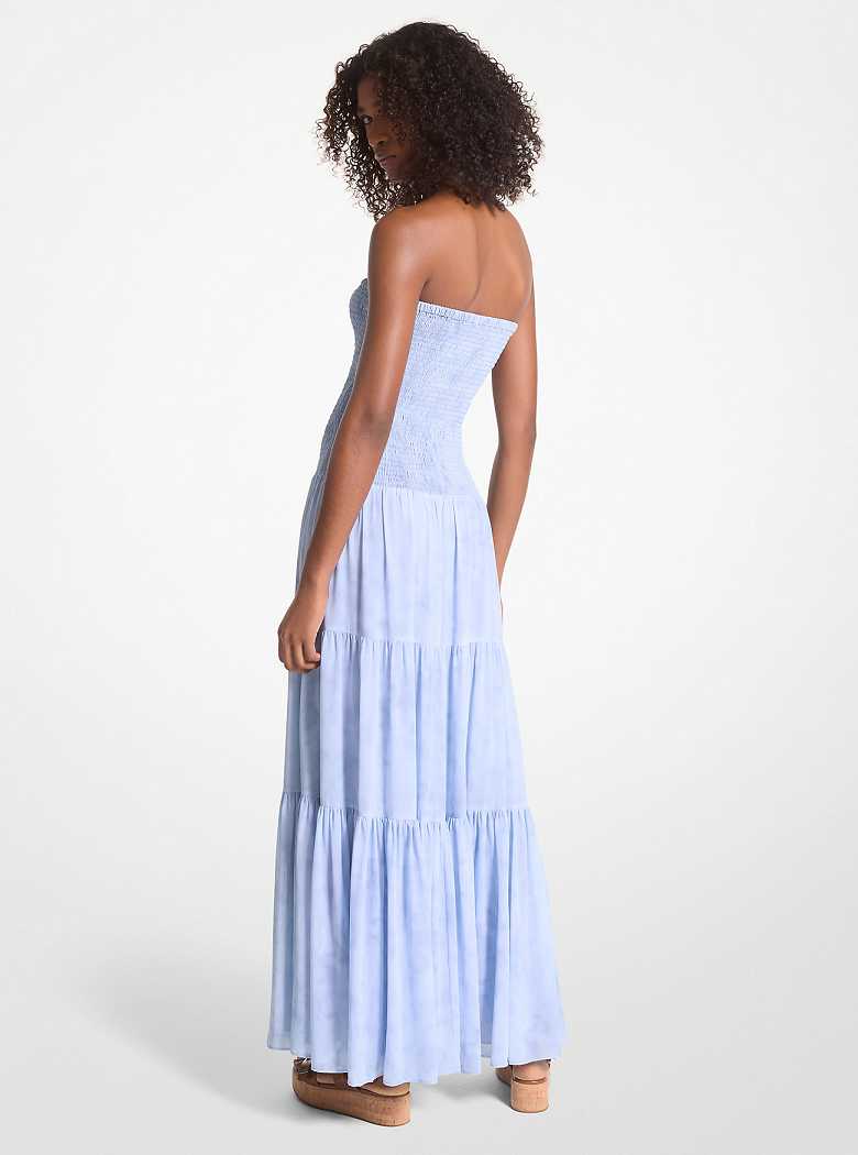 Michaelkors Chambray Print Smocked Georgette Maxi Luz Azuis | SN-MK26709