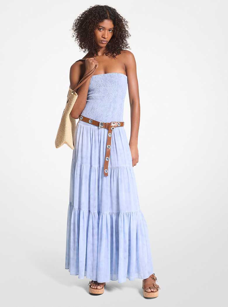Michaelkors Chambray Print Smocked Georgette Maxi Luz Azuis | SN-MK26709
