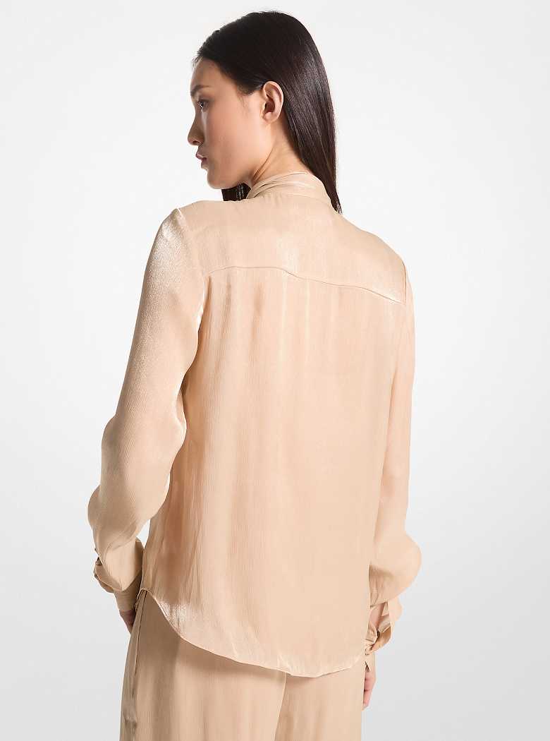 Michaelkors Crinkled Metallic Georgette Tie-Neck Blouse Caqui | SN-MK26518