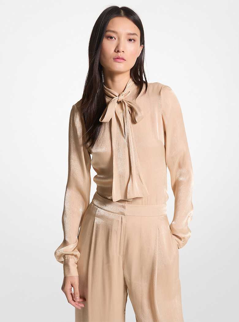 Michaelkors Crinkled Metallic Georgette Tie-Neck Blouse Caqui | SN-MK26518