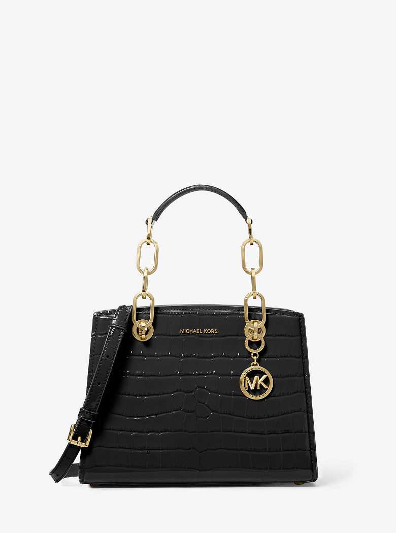 Michaelkors Cynthia Small Crocodile Embossed Leather Pretas | SN-MK27318
