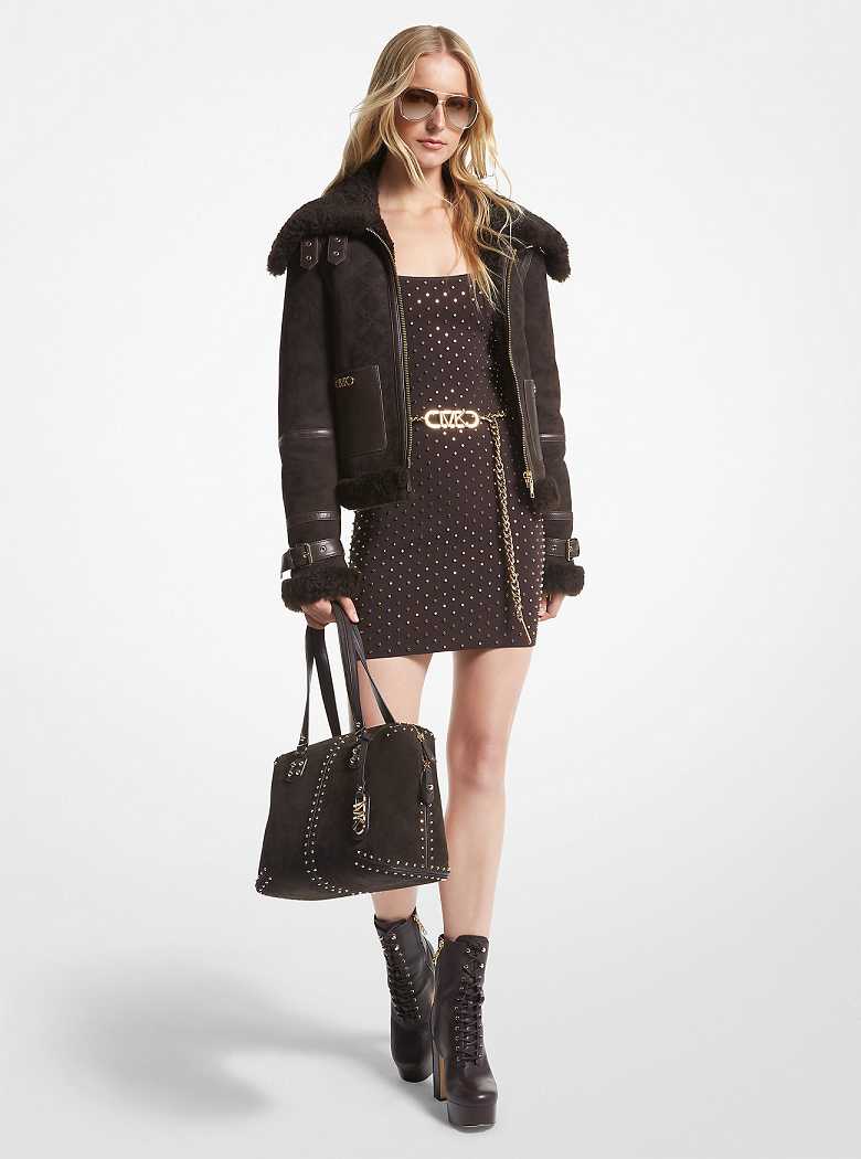 Michaelkors Empire Logo Embossed Suede and Shearling Flight Chocolate | SN-MK26604