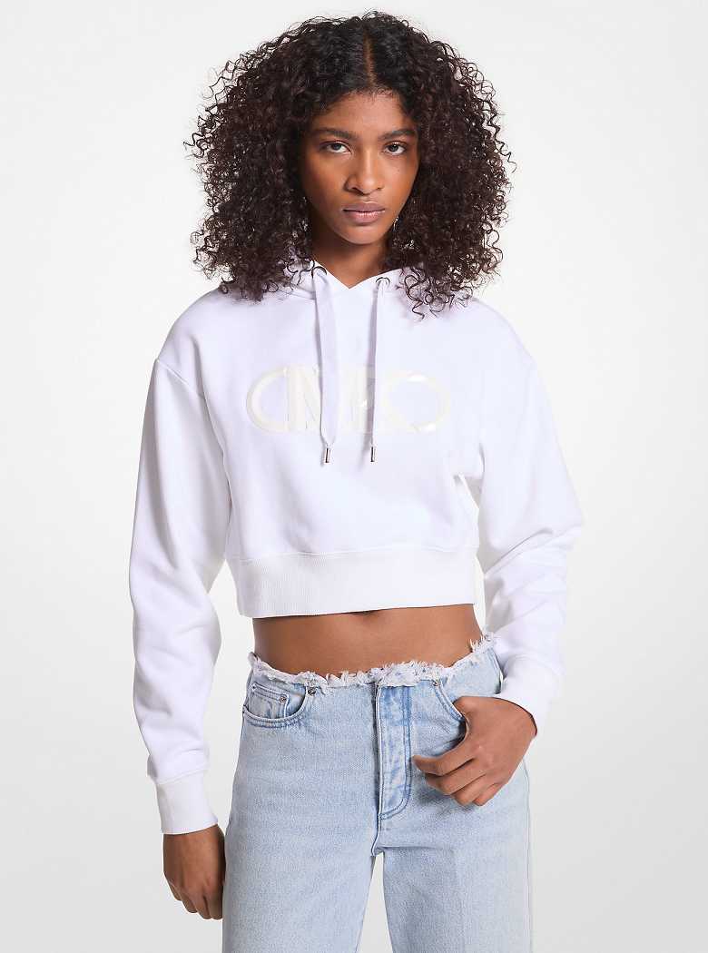 Michaelkors Empire Logo Organic Cotton Terry Cropped Hoodie Branco | SN-MK26516