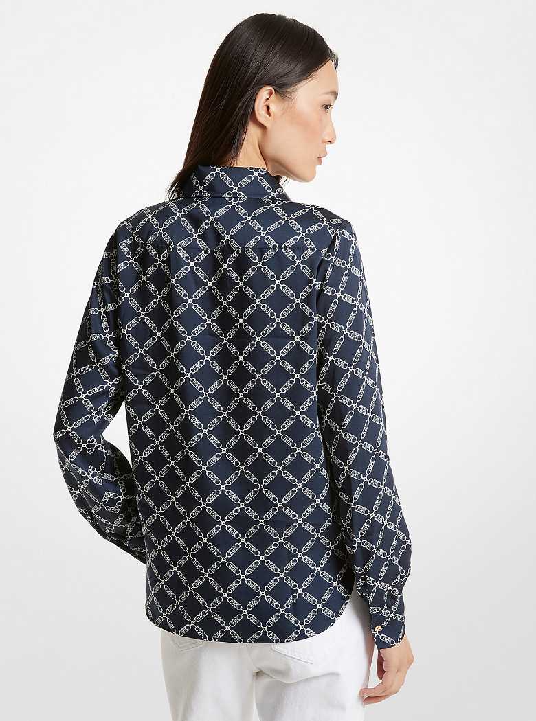 Michaelkors Empire Logo Print Satin Blouse Azuis | SN-MK26523