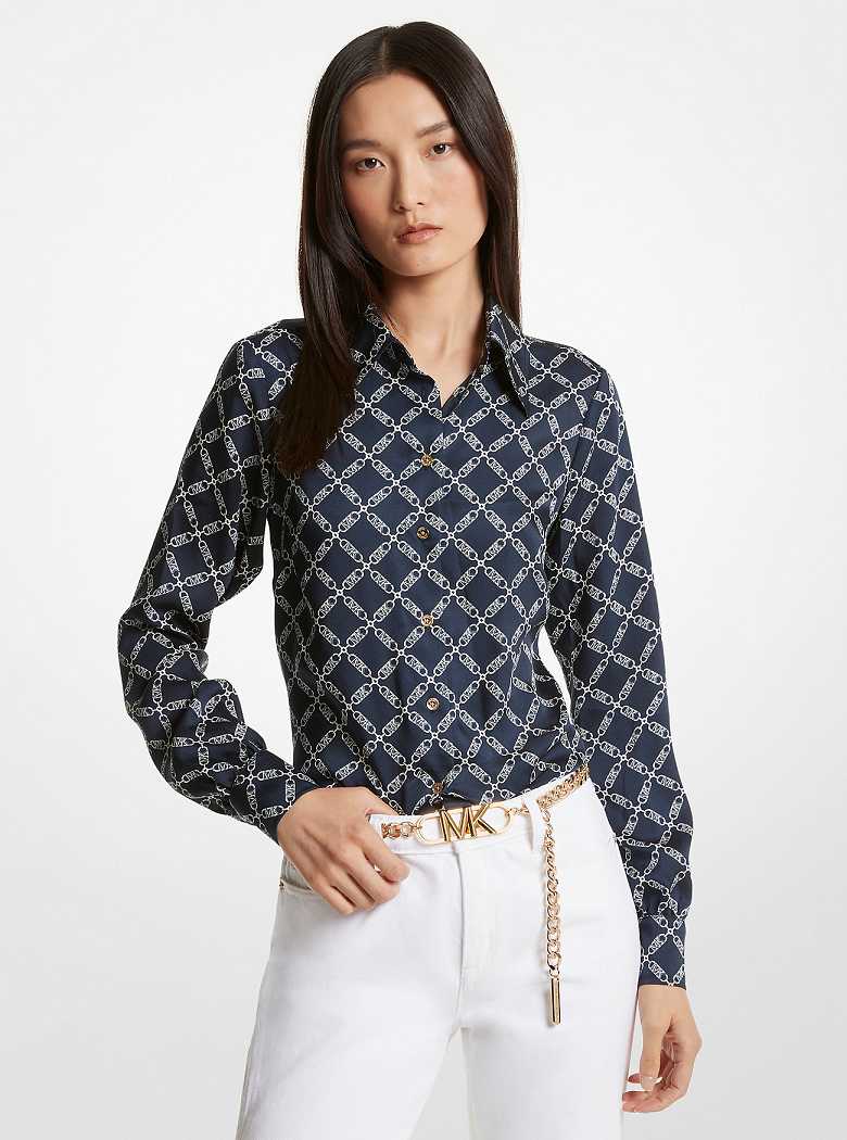 Michaelkors Empire Logo Print Satin Blouse Azuis | SN-MK26523