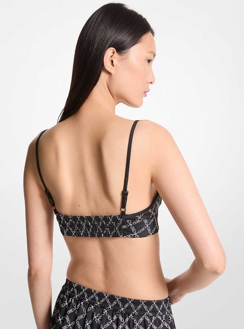 Michaelkors Empire Logo Print Satin Bra Top Pretas Branco | SN-MK26504