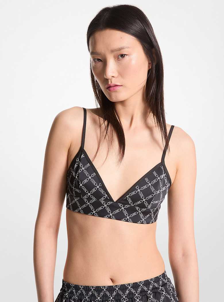 Michaelkors Empire Logo Print Satin Bra Top Pretas Branco | SN-MK26504