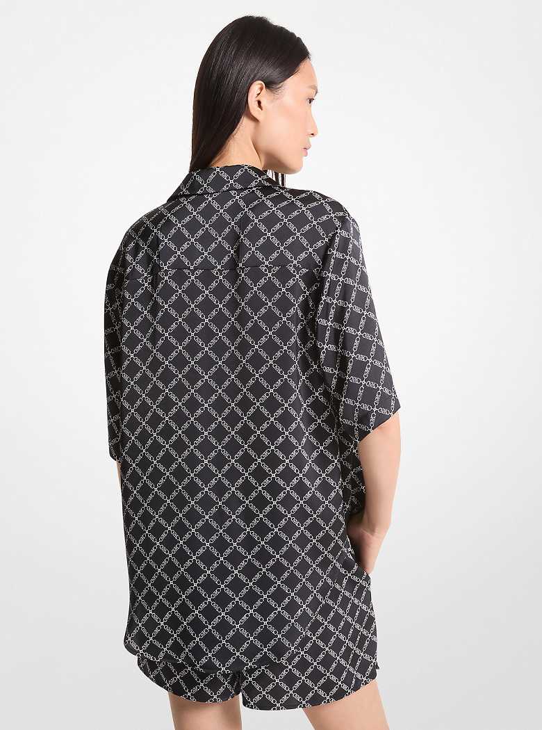 Michaelkors Empire Logo Print Satin Camp Shirt Pretas Branco | SN-MK26505