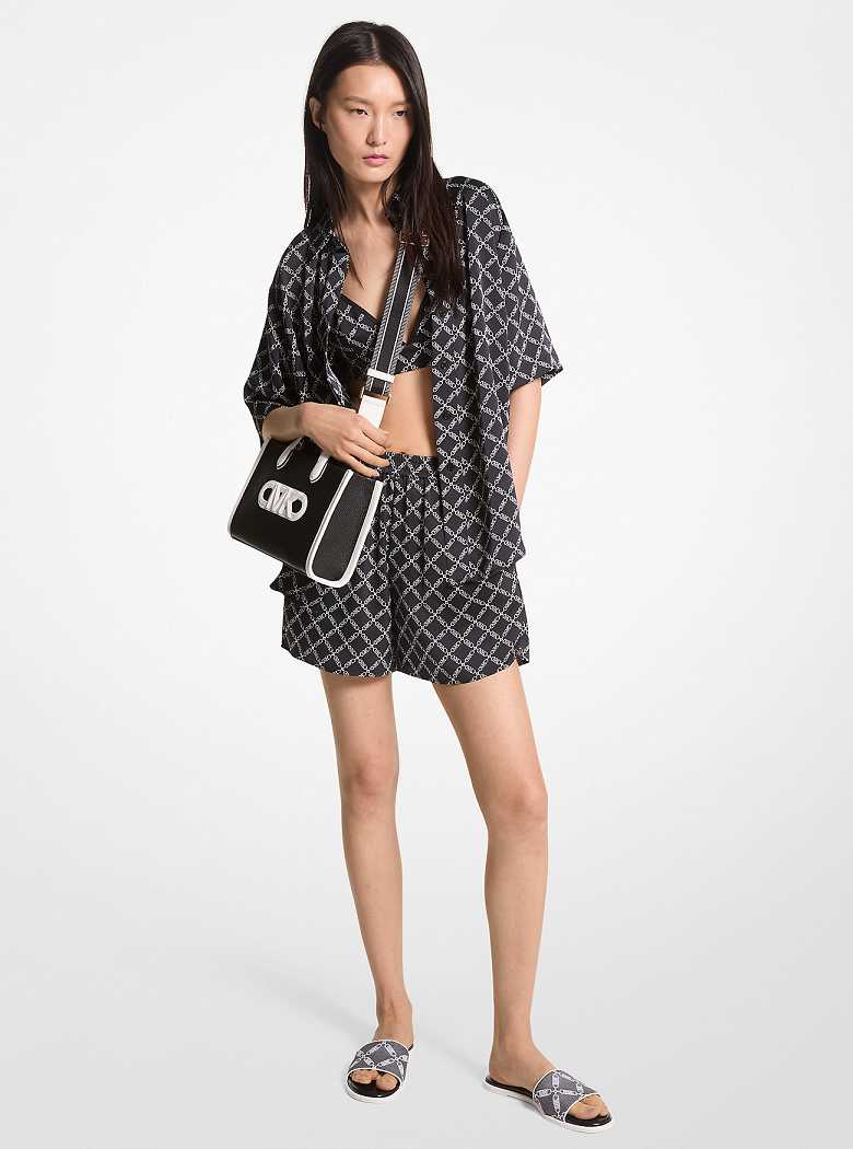 Michaelkors Empire Logo Print Satin Camp Shirt Pretas Branco | SN-MK26505