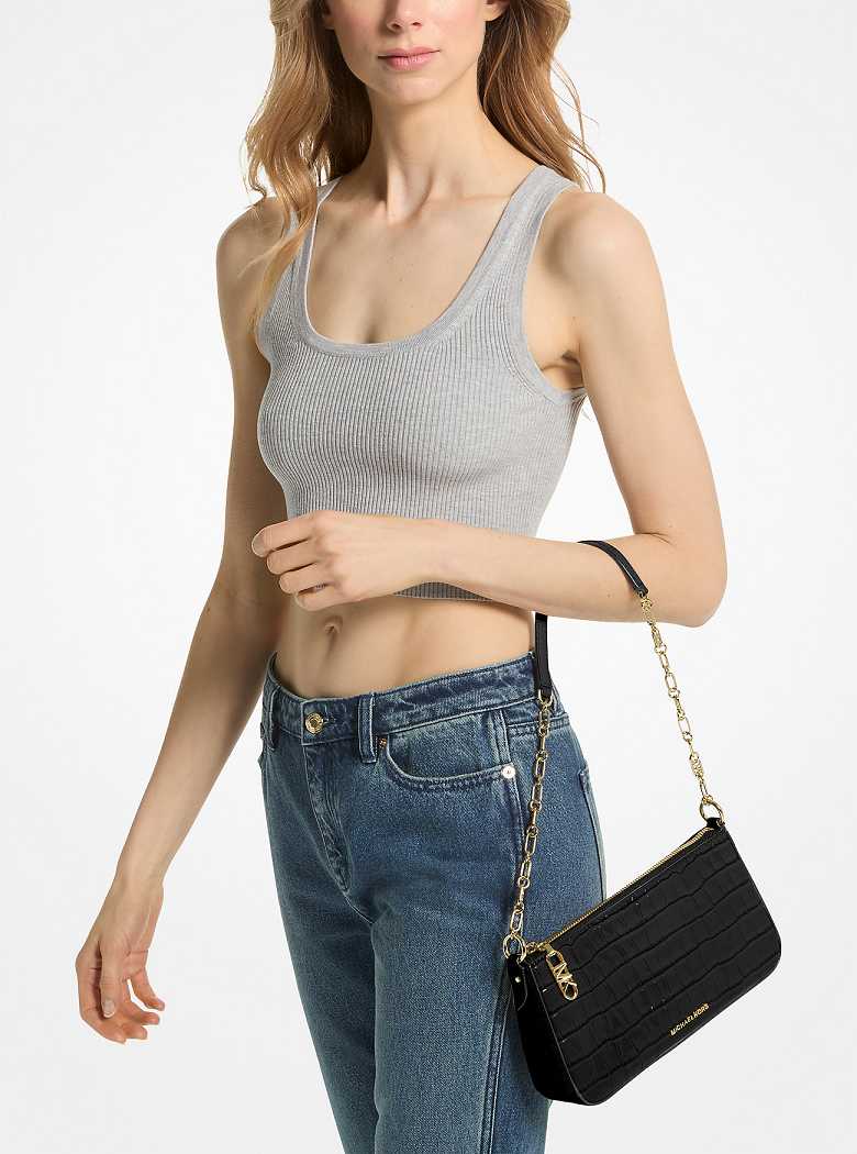 Michaelkors Empire Medium Crocodile Embossed Leather Chain-Link Pretas | SN-MK26970