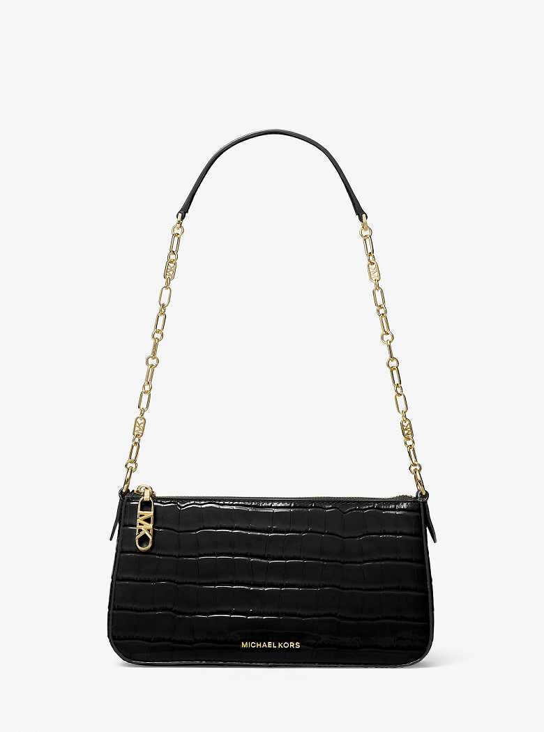 Michaelkors Empire Medium Crocodile Embossed Leather Chain-Link Pretas | SN-MK26970