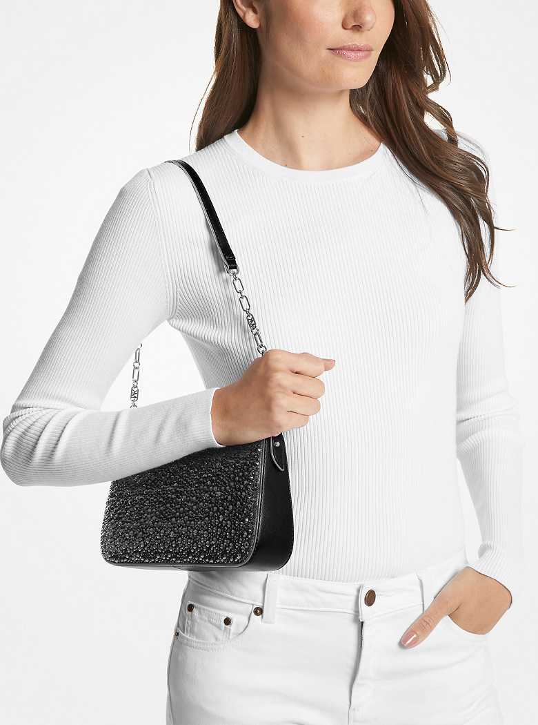 Michaelkors Empire Medium Embellished Suede Chain-Link Pretas | SN-MK27144