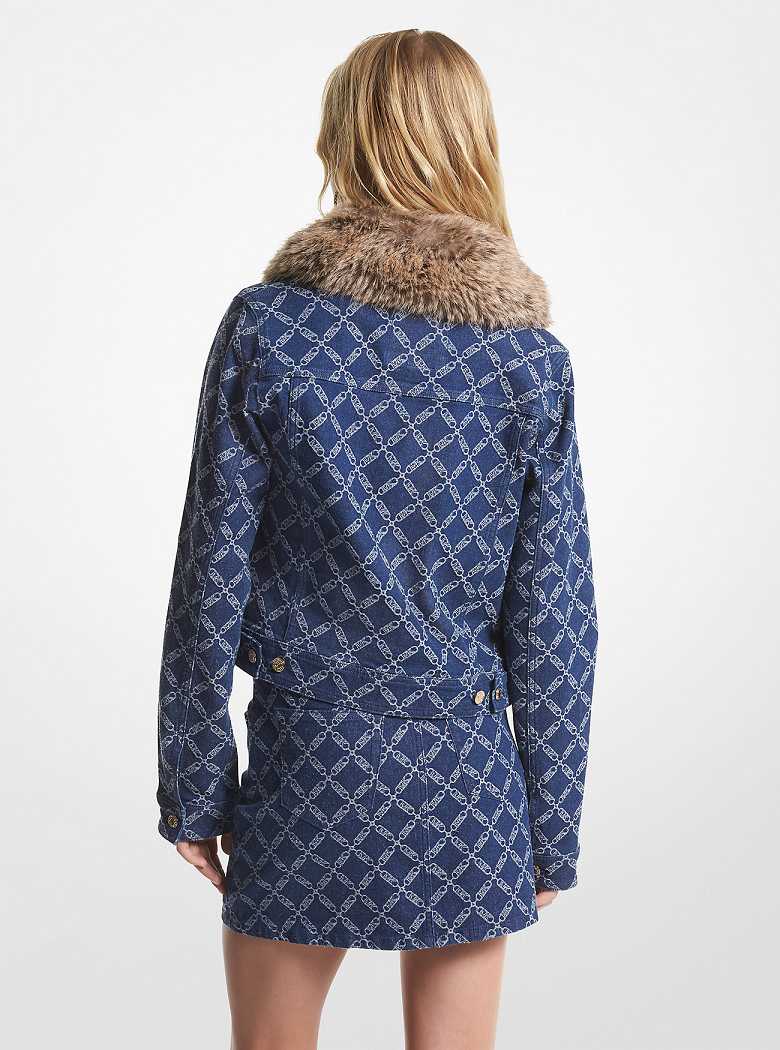 Michaelkors Faux Fur Trim Empire Logo Jacquard Denim Utility Pretas | SN-MK26619