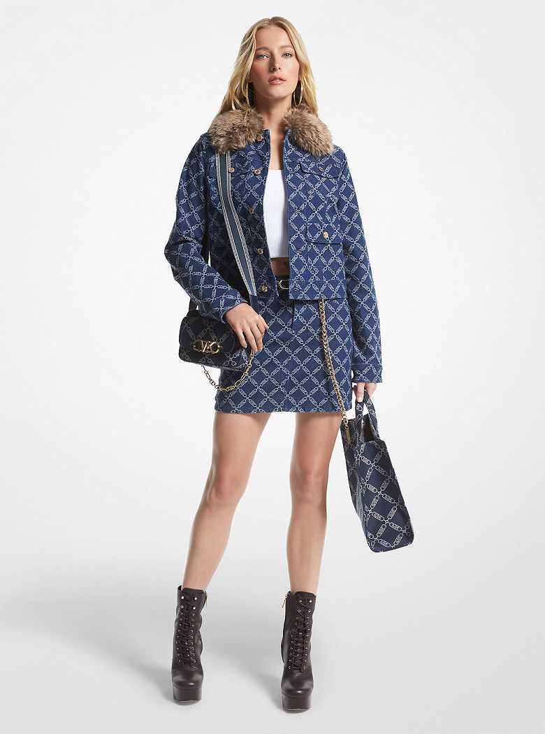 Michaelkors Faux Fur Trim Empire Logo Jacquard Denim Utility Pretas | SN-MK26619