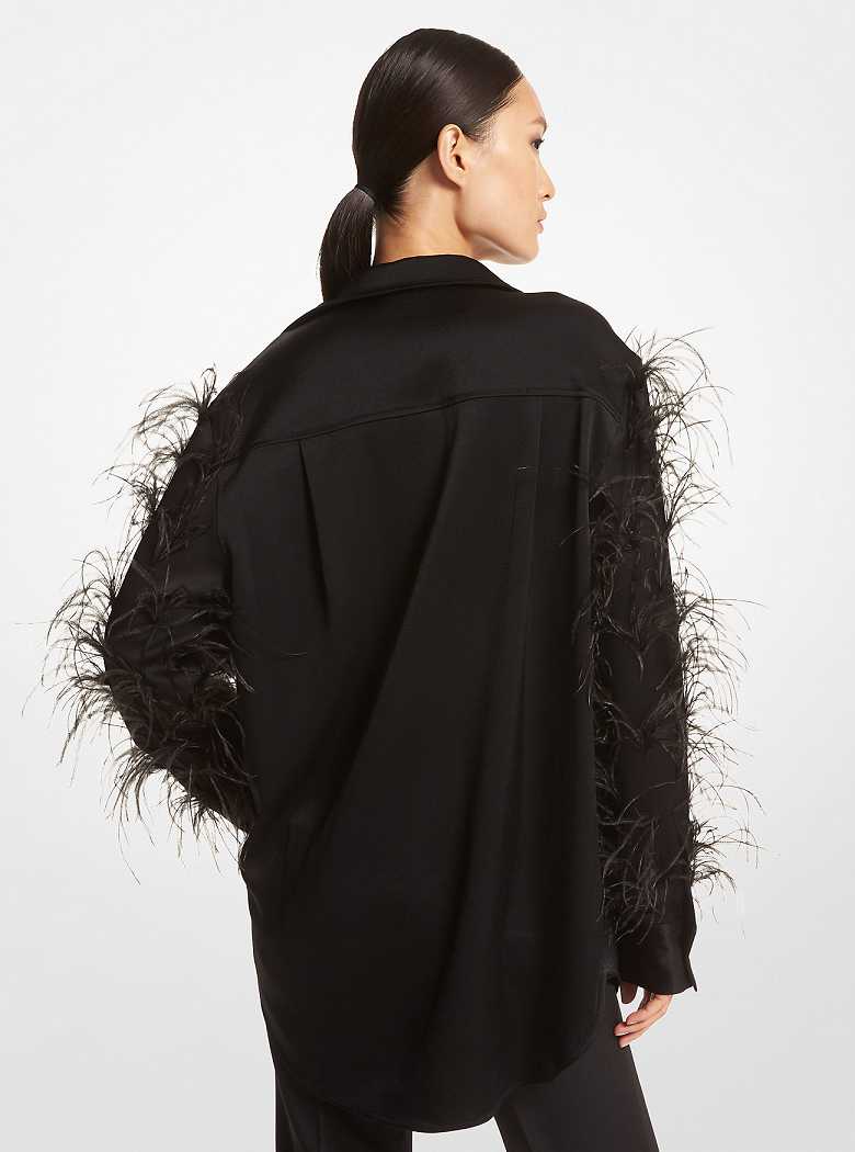 Michaelkors Feather Trim Satin Blouse Pretas | SN-MK26530