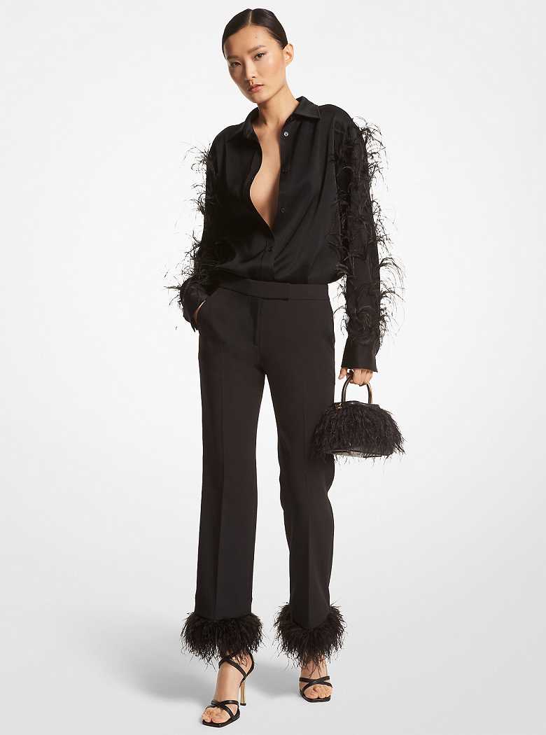 Michaelkors Feather Trim Satin Blouse Pretas | SN-MK26530