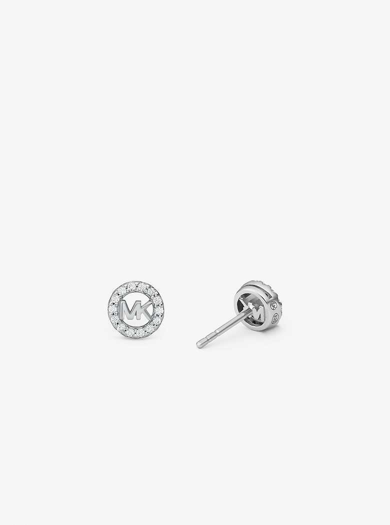 Michaelkors Fulton Precious-Metal Plated Sterling Silver Pavé Logo Charm Stud Prateadas | SN-MK27764