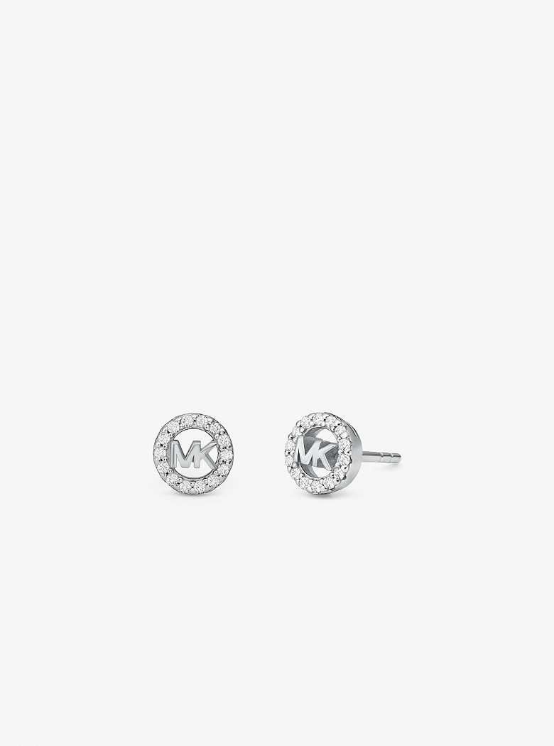 Michaelkors Fulton Precious-Metal Plated Sterling Silver Pavé Logo Charm Stud Prateadas | SN-MK27764