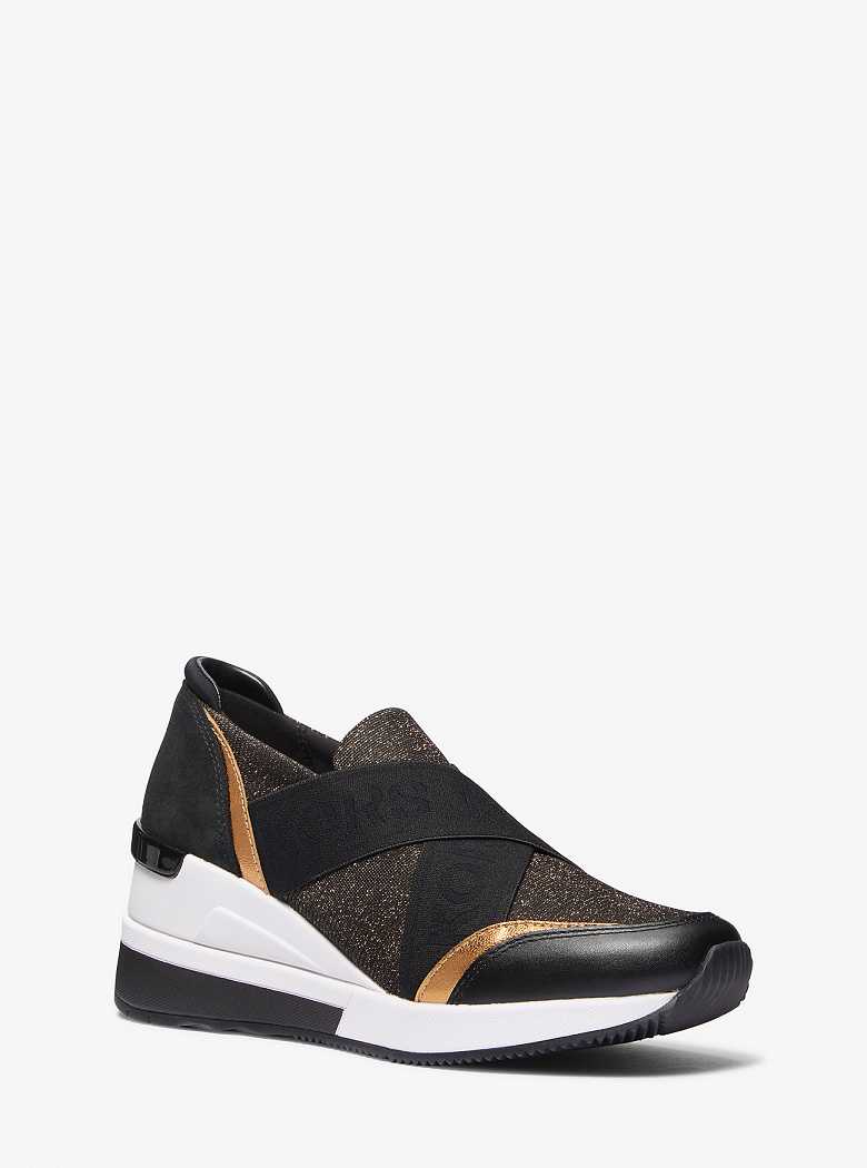 Michaelkors Geena Glitter Chain-Mesh and Leather Slip-On Pretas Marrom | SN-MK27435
