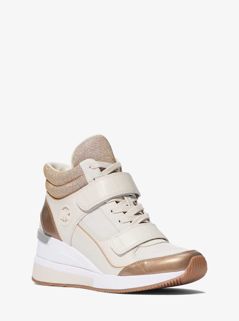 Michaelkors Gentry Leather and Glitter Chain Mesh High-Top Wedge Marrom | SN-MK27480