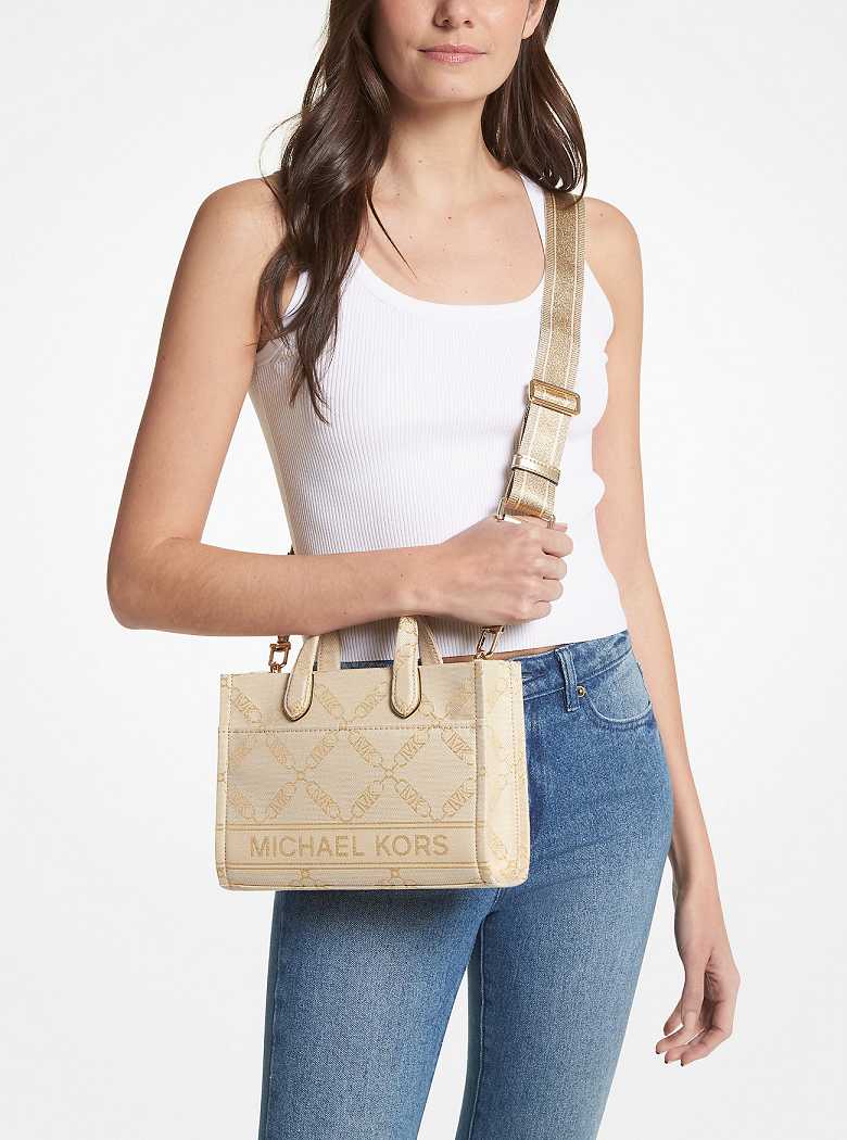Michaelkors Gigi Small Metallic Empire Logo Jacquard Douradas Bege | SN-MK27293