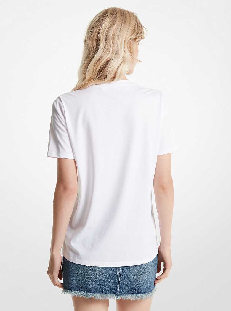Michaelkors Grommeted Empire Logo Organic Cotton T-Shirt Branco | SN-MK26514