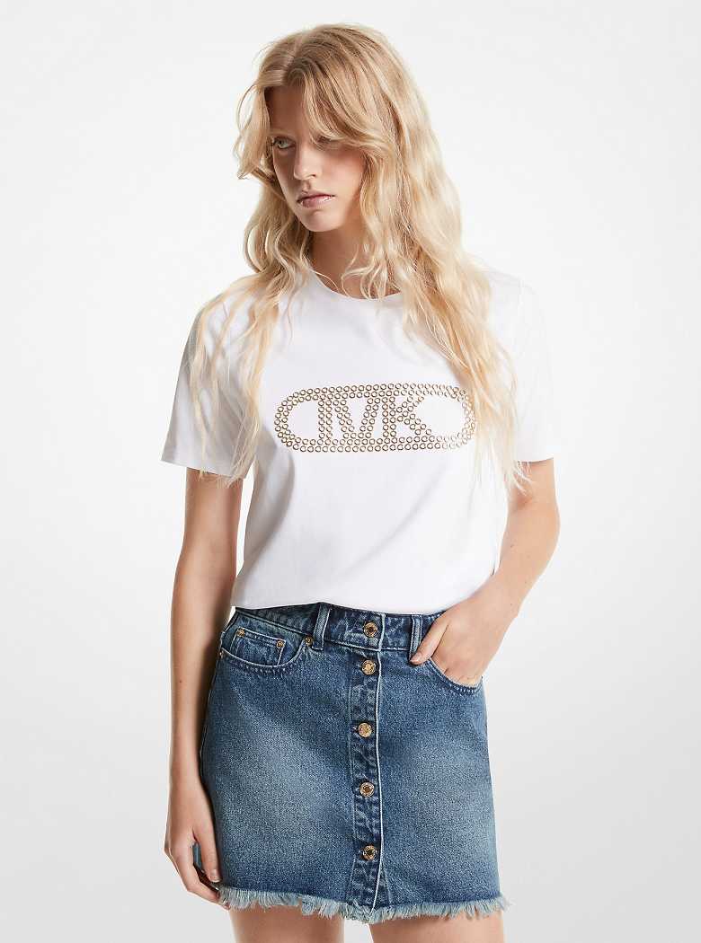 Michaelkors Grommeted Empire Logo Organic Cotton T-Shirt Branco | SN-MK26514