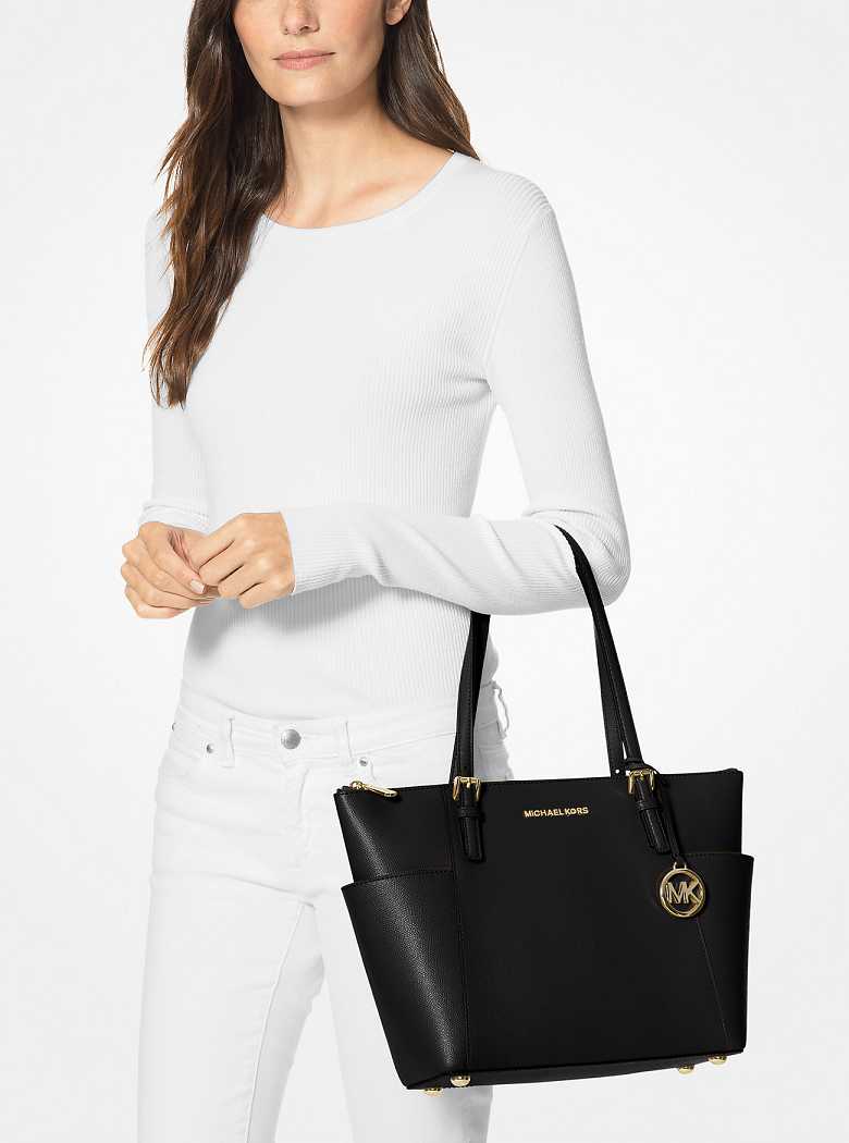 Michaelkors Jet Set Large Crossgrain Leather Top-Zip Pretas | SN-MK26888