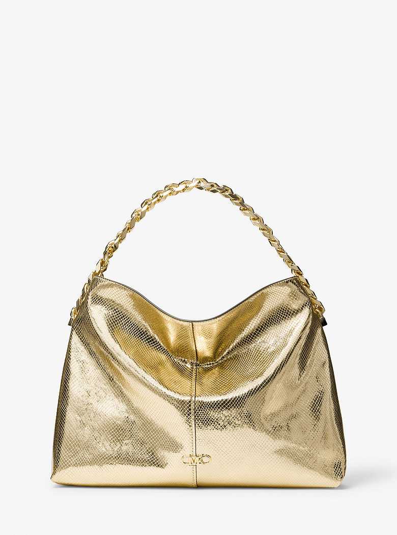 Michaelkors Jordyn Large Metallic Snake Embossed Leather Douradas | SN-MK27099