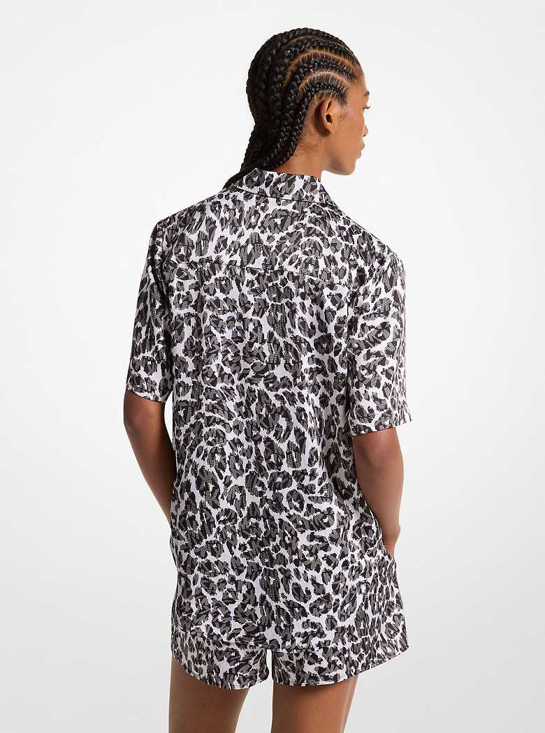 Michaelkors Leopard Logo Print Satin Camp Shirt Cinzentas | SN-MK26503