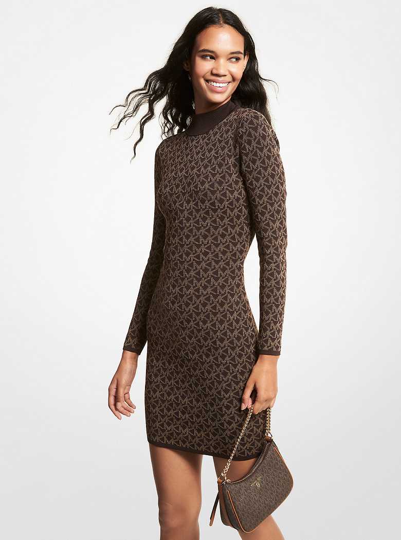 Michaelkors Logo Jacquard Mock Neck Sweater Chocolate | SN-MK26775