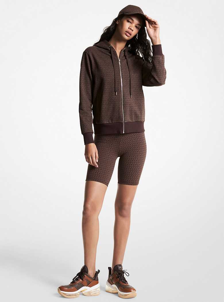 Michaelkors Logo Organic Cotton Blend Zip-Up Hoodie Chocolate | SN-MK26526