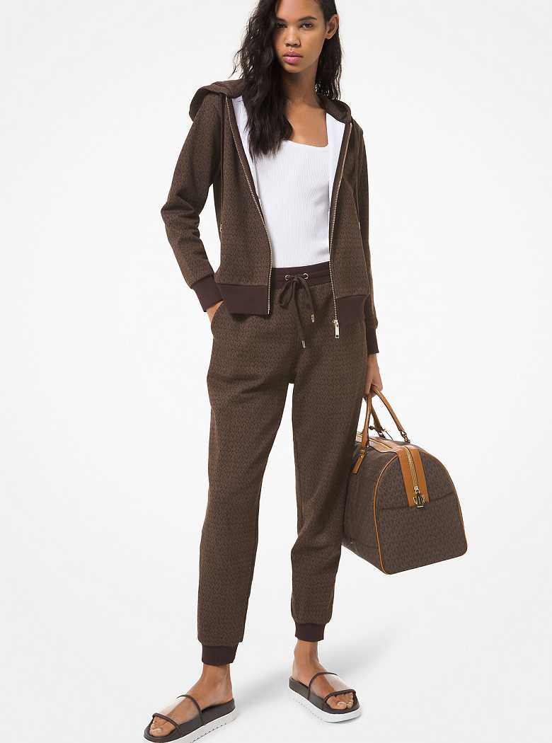 Michaelkors Logo Print Cotton Terry Zip-Up Hoodie Chocolate | SN-MK26527