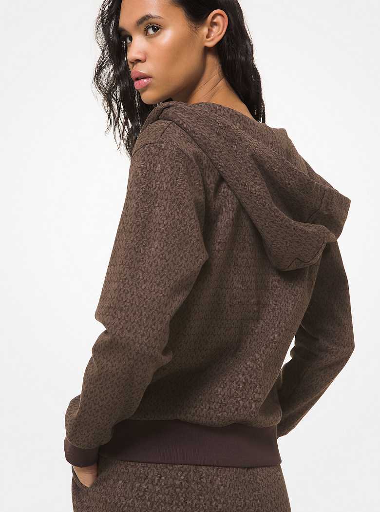 Michaelkors Logo Print Cotton Terry Zip-Up Hoodie Chocolate | SN-MK26527