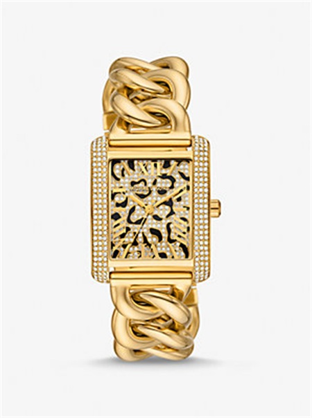Michaelkors Mini Emery Animal Pavé Gold-Tone Curb Link Watch Douradas | SN-MK28426