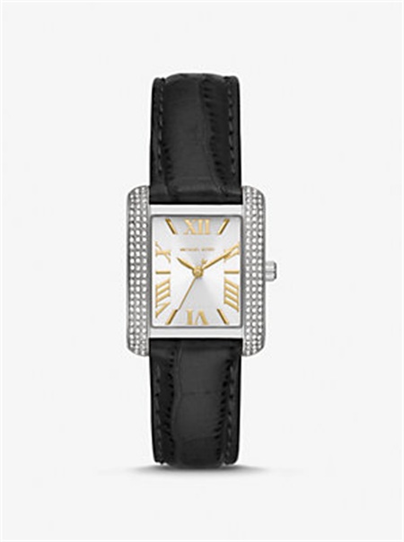 Michaelkors Mini Emery Pavé Silver-Tone and Crocodile Embossed Leather Watch Pretas | SN-MK28437