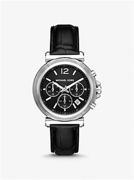 Michaelkors Oversized Maren Silver-Tone and Crocodile Embossed Leather Watch Pretas | SN-MK28300