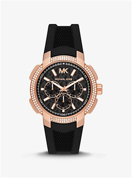 Michaelkors Oversized Sydney Pavé Rose Gold-Tone and Silicone Watch Pretas | SN-MK28363