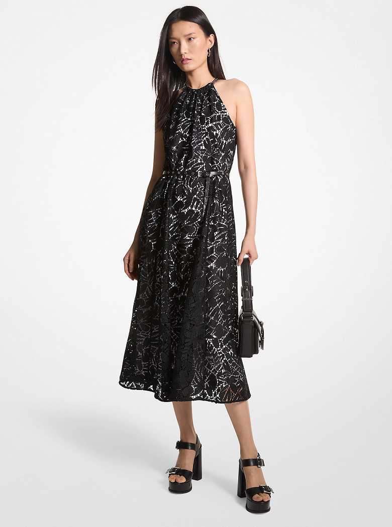Michaelkors Palm Lace Belted Halter Pretas | SN-MK26677