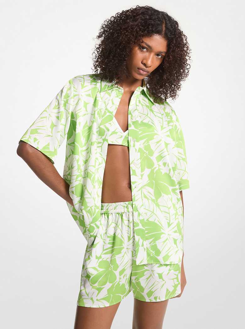 Michaelkors Palm Print Satin Cabana Shirt Verdes | SN-MK26507