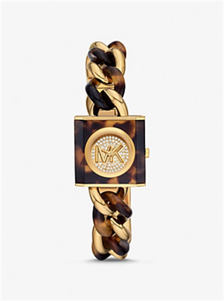 Michaelkors Petite Lock Pavé Gold-Tone and Tortoiseshell Acetate Chain Watch Tortoise | SN-MK28417